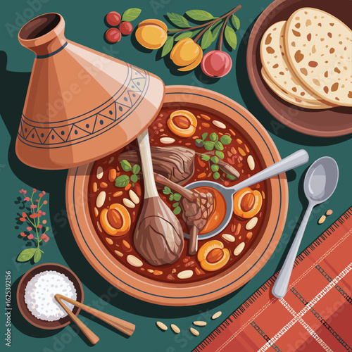 Moroccan Tagine Vector – Lamb Stew with Apricots and Almonds