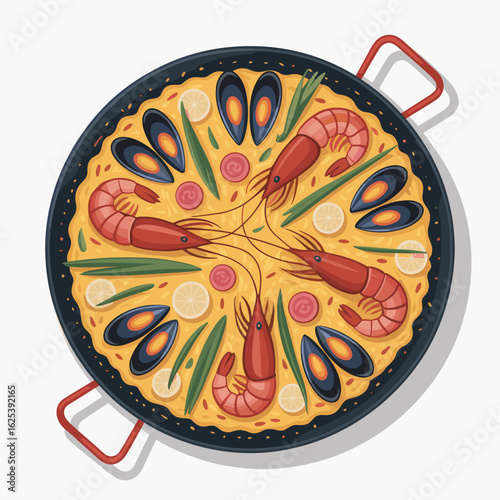 Seafood Paella Vector Illustration in Traditional Pan