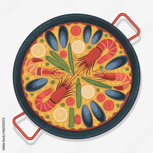 Seafood Paella Vector Illustration in Traditional Pan