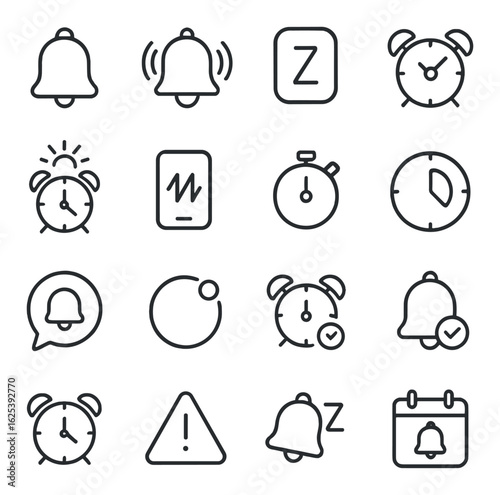 Linear alarm icon set: bell, snooze, timer, alert, clock, notification, reminder, stopwatch, warning