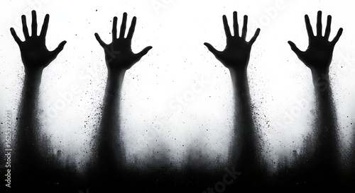 Four silhouetted hands reaching up against a bright white background creating a spooky effect ai generative