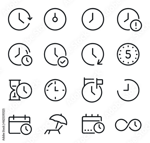 Time management linear icon set: clocks, stopwatch, hourglass, calendar, deadline, infinite