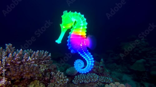 Rainbow Seahorse Near Coral Reefs in Deep Blue Ocean