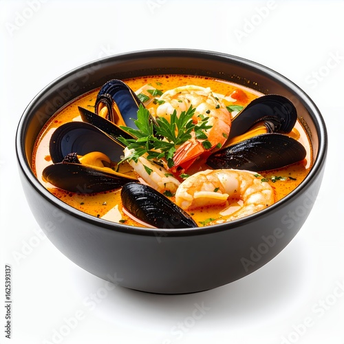 Seafood bouillabaisse with mussels, prawns, herbs in a black bowl, delectable cuisine on white background