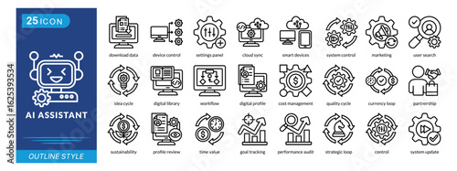 AI assistant icon set collection in outline style. an icon pack contain user search, idea cycle, digital library, workflow, digital profile, cost management, quality cycle, currency loop, partnership