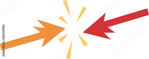 Two Opposing Sharp Arrows Colliding Headon with Yellow Burst on White Background collision
