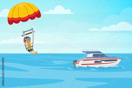 Happy Man Parasailing Behind Motorboat on Ocean