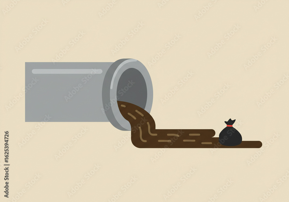 Fototapeta premium A gray pipe with brown liquid flowing out and a black bag on a beige colored background flat design