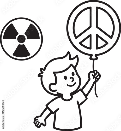 Child with Peace Balloon and Radiation Symbol Line Art Depicting Hope and Environmental Awareness
