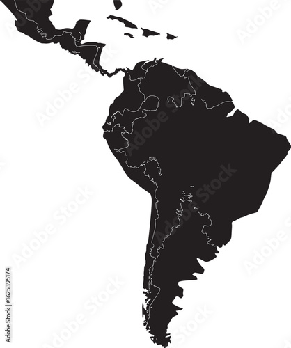 Detailed Silhouette Map of South and Central America with Country Borders on Transparent Backdrop