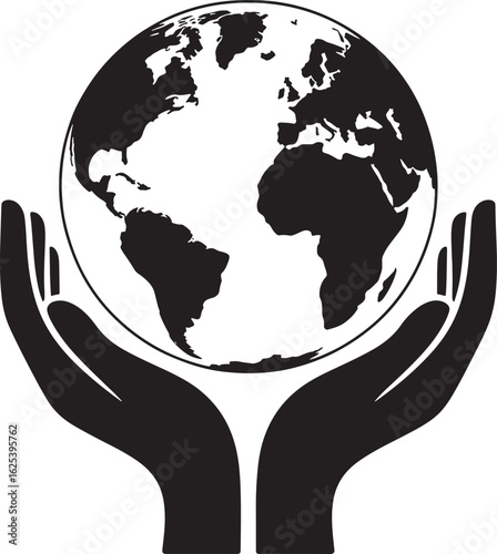 Hands Holding Globe, World in Hands, Care for Earth, Black Silhouette on Transparent Background