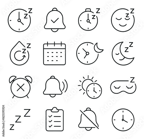 Sleep linear icon set. containing alarm, bell, clock, sleep mask, moon, calendar, checklist, and more.
