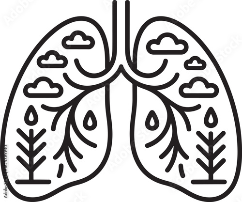 Lungs with Clouds and Water Drops Icon Vector Illustration Respiratory Health and Environment