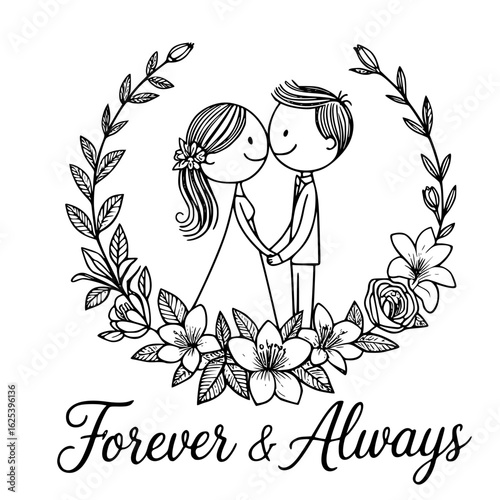 Eternal Union: A heart warming illustration of a couple, embraced within a floral wreath, symbolizing everlasting love and devotion, embodies the timeless promise of Forever & Always.
