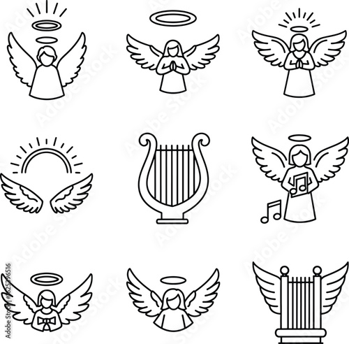 A collection of nine black and white line art icons depicting angels, halos, wings, and harps.