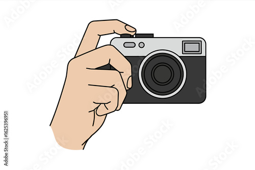 Illustration of a Hand Taking a Photo with a Compact Camera, Capturing a moment, preserving memories, and exploring photography's artistic side.