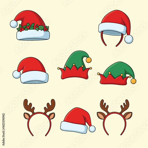 A festive collection of cartoon Christmas headwear including Santa hats, elf hats, and reindeer antler headbands.