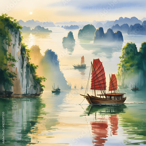 Serene Ha Long Bay Vista with Traditional Junk Boats at Sunrise Depicting Tranquility and Natural Beauty