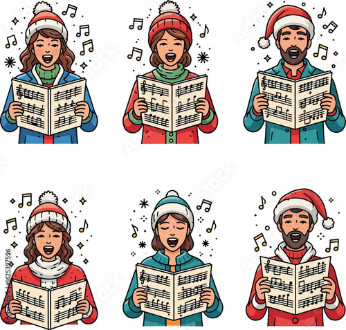 A set of diverse cartoon characters in winter hats and coats singing Christmas carols from sheet music.
