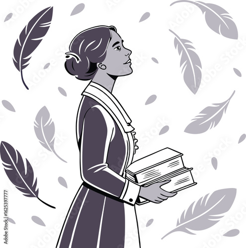 Woman Holding Books with Floating Feathers