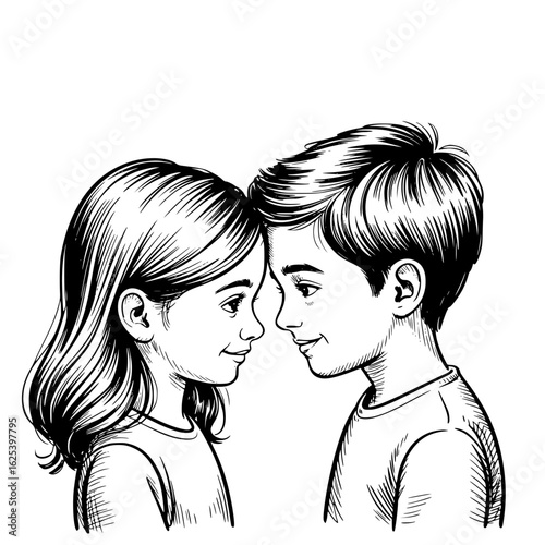 Timeless bond: A touching black and white illustration, showcasing a boy and girl, their foreheads touching, embodying the sweet essence of friendship and tenderness.