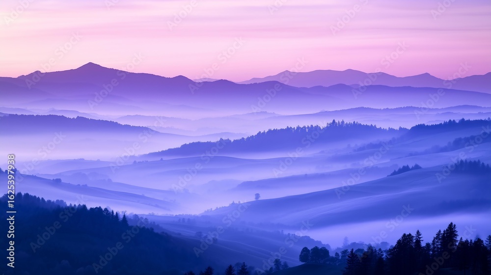 Obraz premium A serene view of rolling hills bathed in soft purple and blue hues during dawn, surrounded by a gentle mist. This tranquil landscape captures the beauty of nature at its finest.