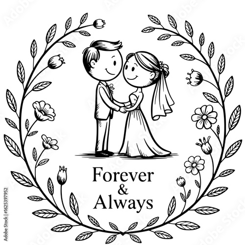 Timeless Union: A captivating illustration of a loving couple, embracing their journey together within a floral wreath, and an embodiment of Forever & Always.