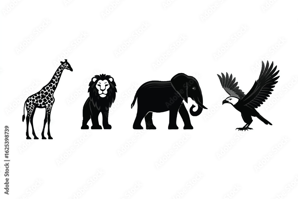Fototapeta premium Black and White Graphic Illustration Featuring Giraffe Lion Elephant and Eagle in a Clean Minimalist Style Perfect for Print and Web Design