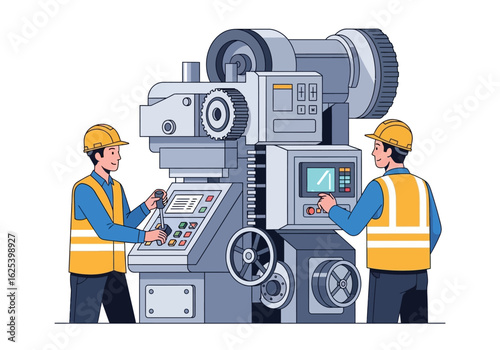 Two workers in safety vests operate a large industrial machine with various controls and a screen, set against a plain white background.