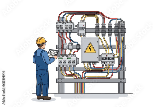 An electrician in overalls and a hard hat inspects a complex electrical panel using a tablet, surrounded by colorful wiring and switches.