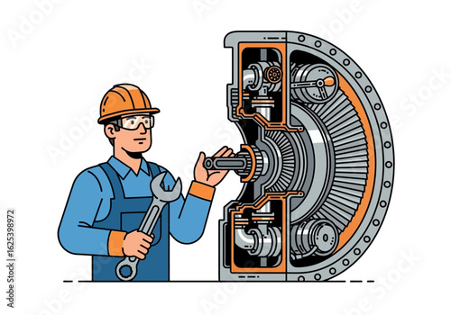 An engineer wearing a hard hat and safety glasses uses a wrench to work on a large, complex industrial machine.