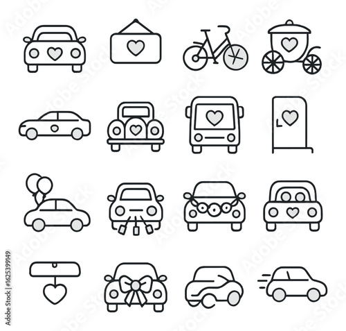Wedding linear icon set. contains car, bicycle, carriage, bus, balloons, door, sign, heart, and more.