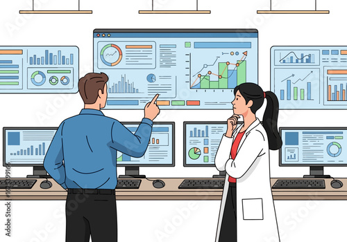 Two analysts, a man and a woman in a lab coat, review data visualizations and charts on multiple computer screens in a brightly lit room.