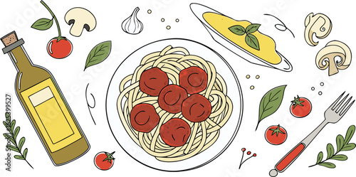 Delicious spaghetti and meatballs with ingredients isolated on transparent background