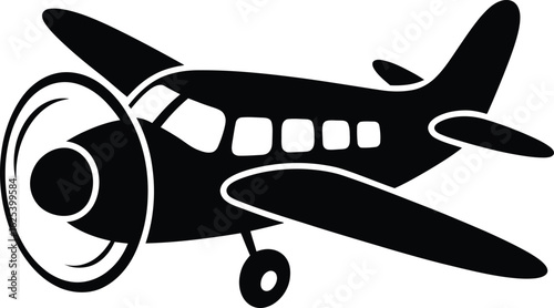 Classic single engine propeller airplane in a bold black silhouette style