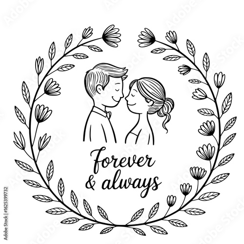 Everlasting love and bond: A captivating artistic display, features a pair of lovebirds sharing an intimate embrace, surrounded by a delicate wreath of floral elements, symbolizes eternal love. 