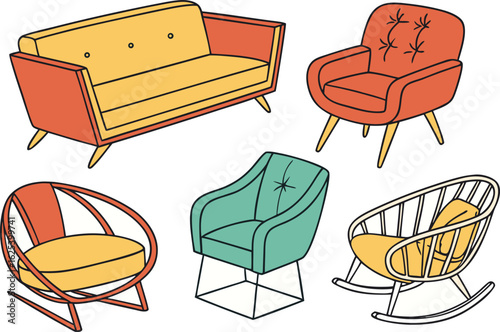 Collection of retro mid century modern furniture pieces isolated on transparent background