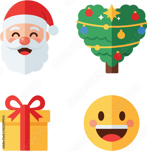 Four festive icons: Santa Claus face, heart-shaped Christmas tree, wrapped gift with bow, and a happy smiling face.