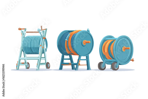 Collection of Three Garden Hose Reels on White Background Depicting Watering Solutions and Lawn Care Equipment for Home Improvement and Gardening