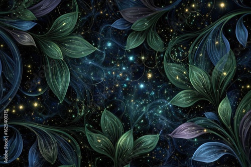 Glowing Floral Pattern With Stars Night Sky