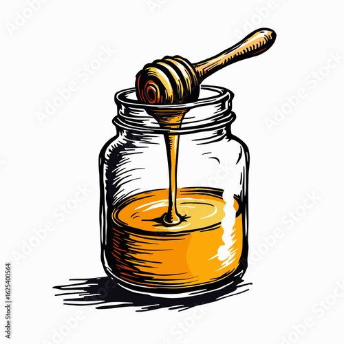 Honey jar with wooden dipper and dripping honey on white background  