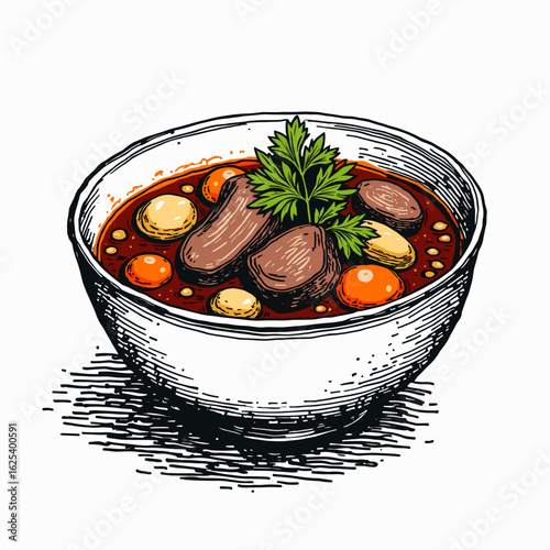 Beef stew with vegetables in a white bowl garnished with herbs  