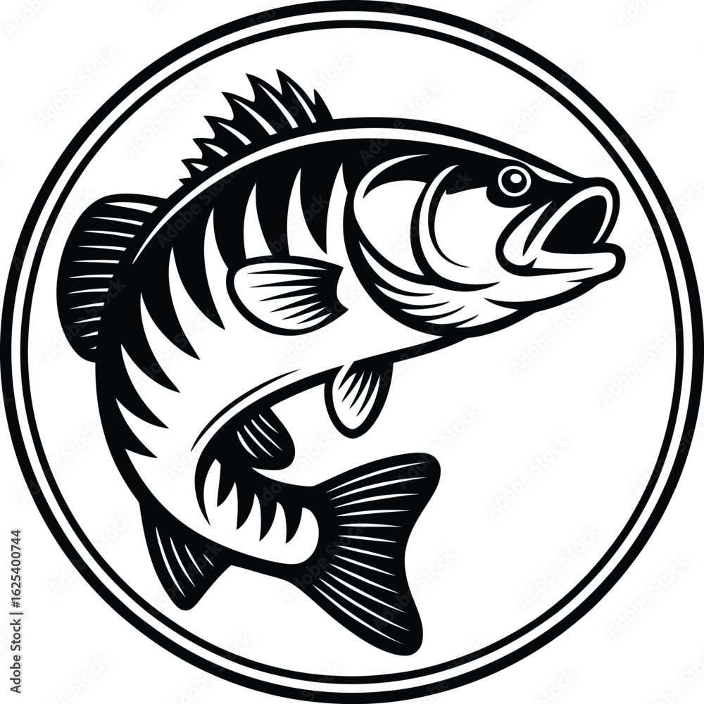 Fototapeta premium Black and white illustration of a largemouth bass jumping inside a circular frame silhouette