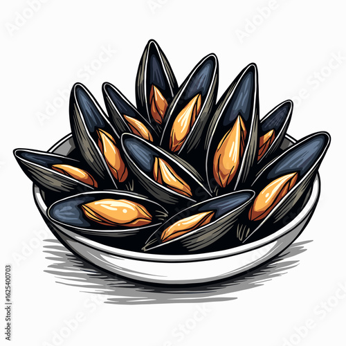 Plate of freshly cooked mussels with dark shells and orange meat  
