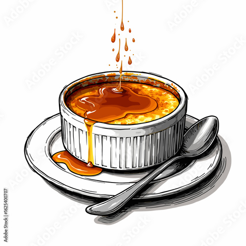 Creamy caramel dessert in dish with spoon and dripping sauce  