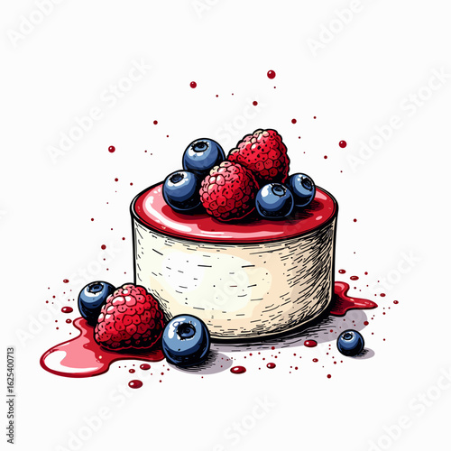 Panna cotta with berries and raspberry sauce on a white background  