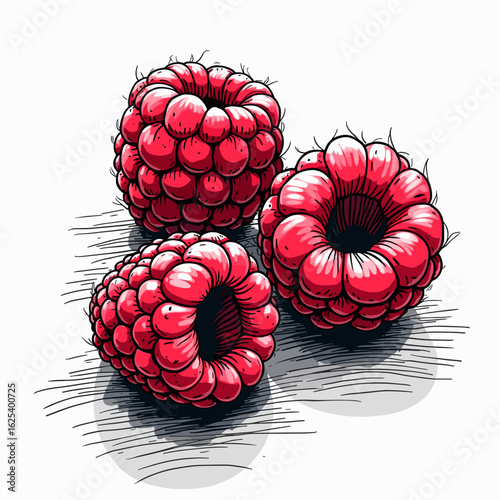 Ripe red raspberries illustrated with detailed shading and texture  
