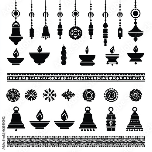 Diwali Decoration Icons and Symbols Silhouette Collection for Graphic Design Elements Vector Set