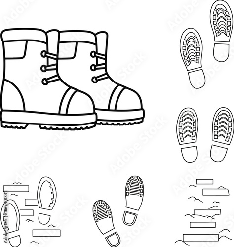 Line art illustration of two boots with laces and various footprint impressions on different surfaces.