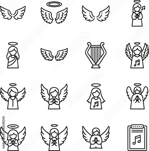 Collection of minimalist line art icons depicting angels, wings, halos, a harp, and a musical note clipboard.